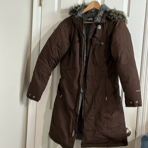 North face full length down jacket with fur collar size medium